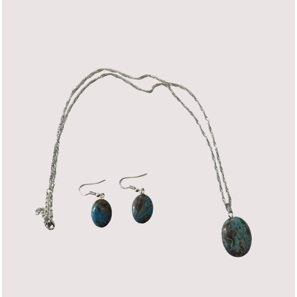 Turquoise Brown Stone Necklace Fishhook Pierced Earrings 20" Silver Tone Chain - Picture 3 of 12